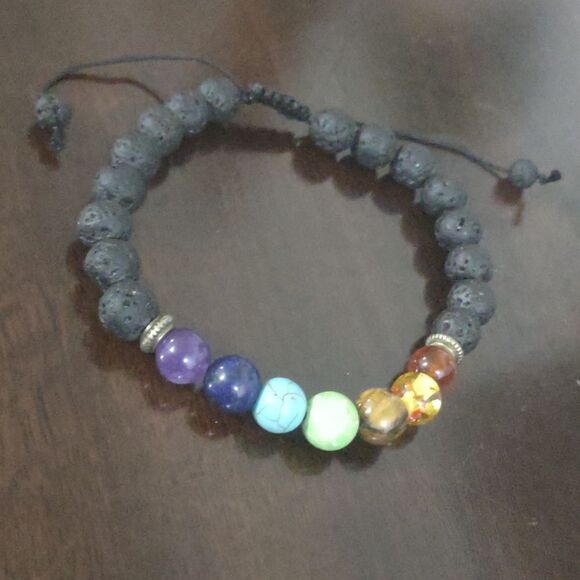 Women's Grounding Lava Rock with Chakra Beads Adjustable Slider Bracelet - Picture 1 of 6